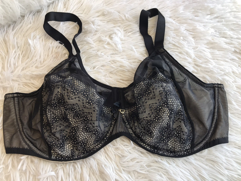 Women CHANTELLE Unlined Adjustable Black Sheer Lacy BRA Underwire Support 38DDD